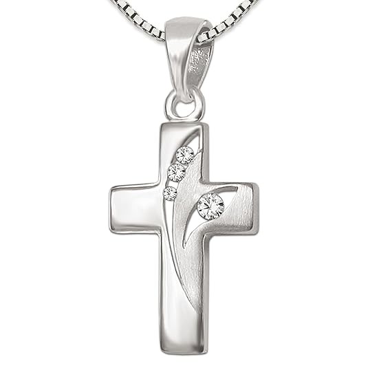 CLEVER SCHMUCK Set Silbernes kleines Damen Kreuz 3 + 1 Zirkonia, 2 Bögen offen, teilmatt mit Kette Venezia 42 cm glänzend Ste