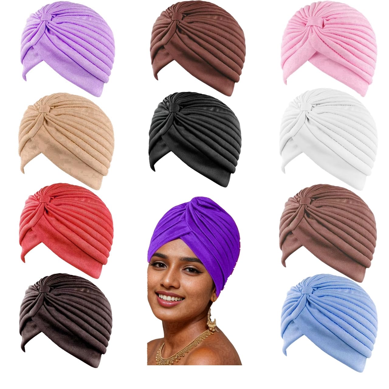 Photo 1 of 10 PCS Stretchy Turban Caps for Women, Chemo Head Wraps, Cancer Headwear, Twisted India Hats, Assorted Colors (Package A)