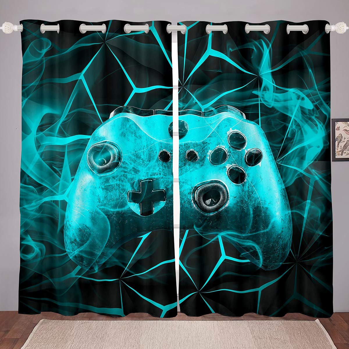 Loussiesd Gaming Curtains Kids Gamer Video Games Window Drapes for Boys Teens Modern Game Controller Window Curtain Breathable Teal Gamer Console Window Treatments Room Decor W46*L54