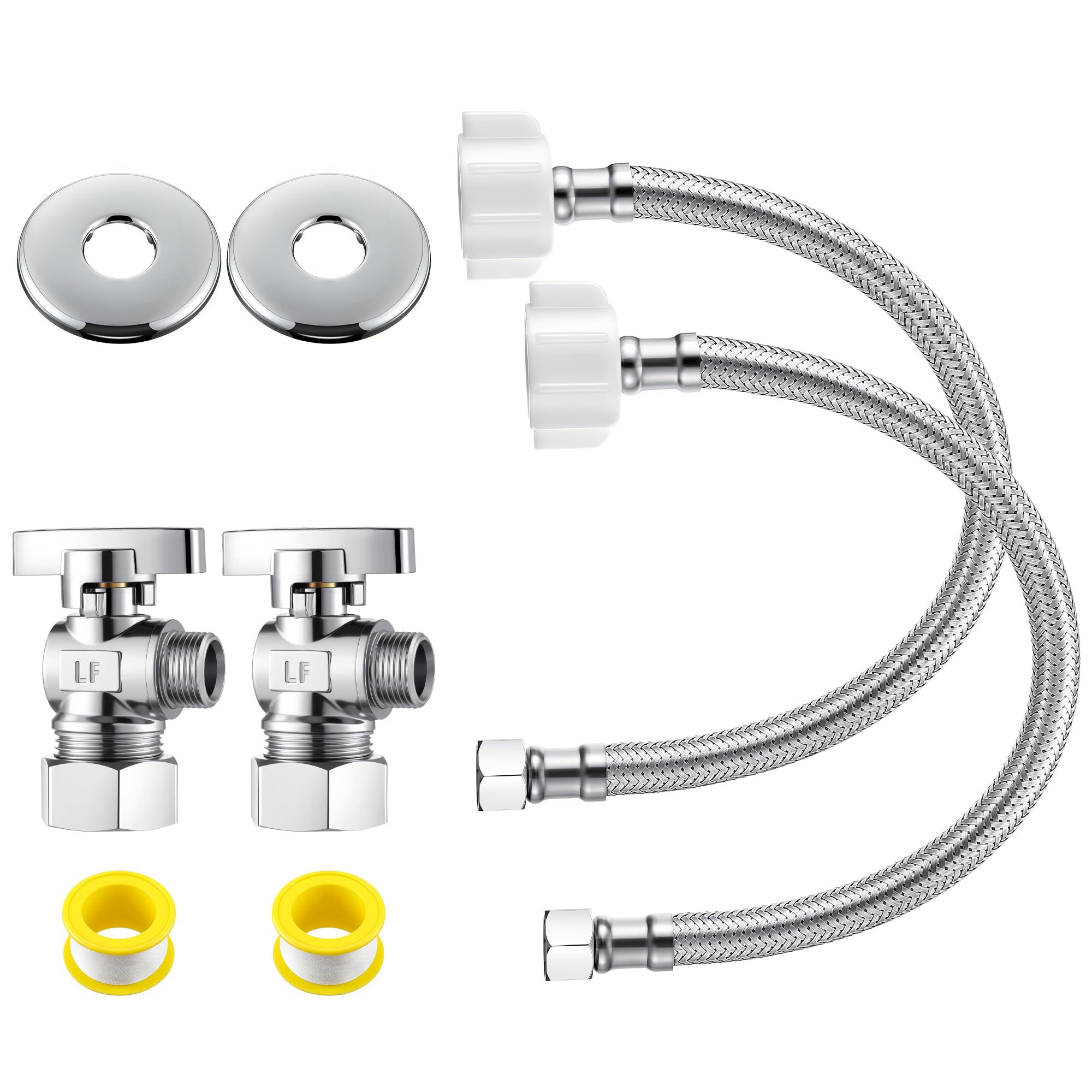 Photo 1 of 2 Pack Complete Toilet Valve Set, Includes 1/2 inch Nom Inlet x 3/8 Inch OD Compression Outlet Angle Shut Off, Stainless Steel Toilet Water Supply Line, Escutcheon Plate, Sealing Tape (16" Hose)