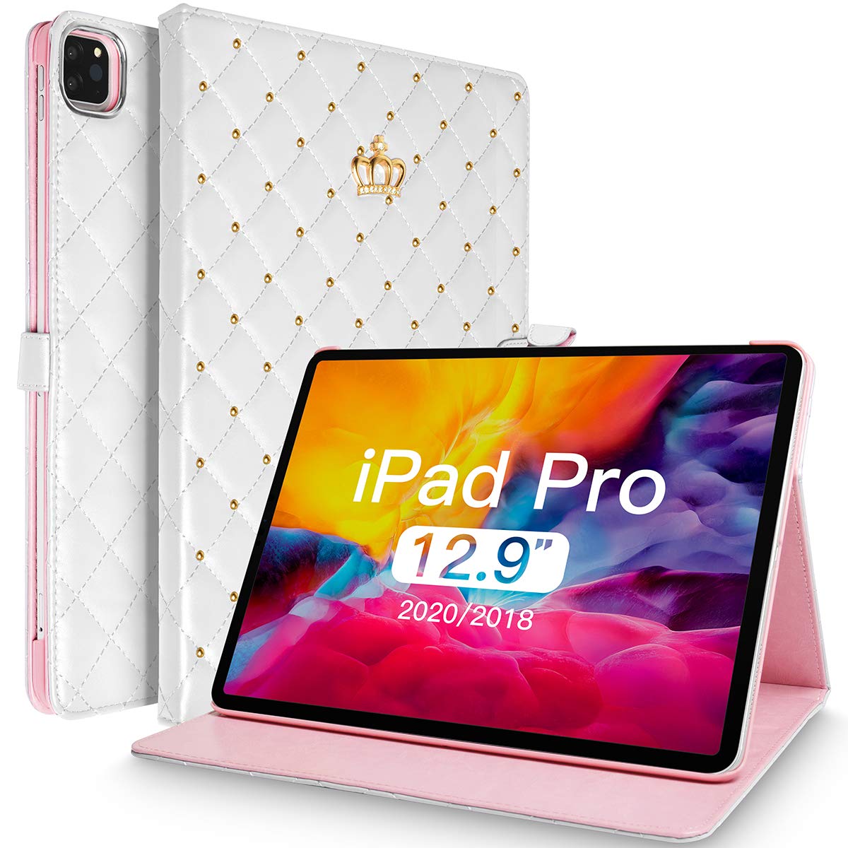 Photo 1 of Topwin Cute Crown Case for iPad Pro 12.9-inch (6th & 5th Gen), Bling Diamond PU Leather Smart Auto Sleep/Wake Kickstand Shockproof Flip Case for 12.9 Pro (White)
