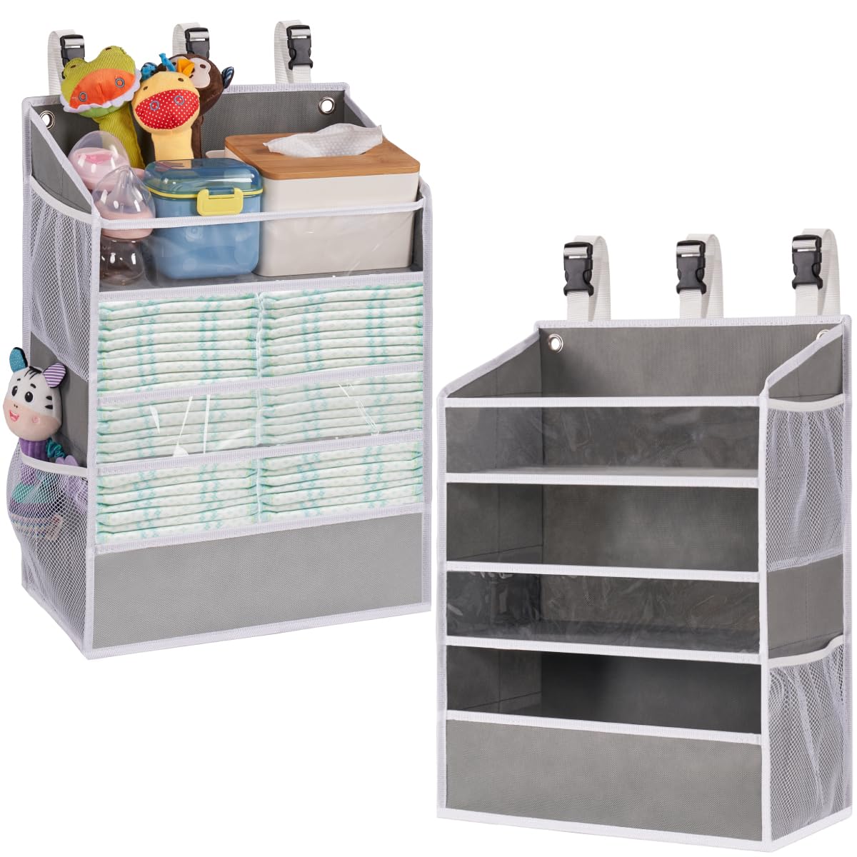 WishJazz Nappy Caddy Organiser, Foldable Nursery Diaper Organizer for Crib, Hanging Diaper Organization Storage for Baby Essentials, Toys, Nappies, Clothes, Baby Shower Gifts for Mum