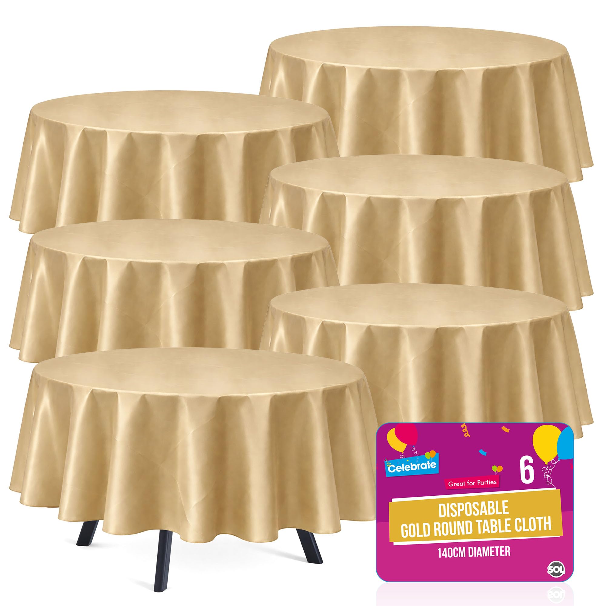 SOL 6pk Round Gold Tablecloths 140cm Party Disposable Tablecloths for Circular Table Cloth Cover - Durable Spill Protection - Perfect for Birthdays, Weddings, Anniversaries, Restaurants Special Events