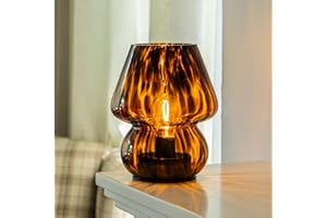 ULAROOM Battery Operated Mushroom Lamp - Vintage Small Table Lamp with Timer, Cordless Bedside Nightstand Lamp, Glass Battery Powered Lamp for Bedroom Kitchen Living Room Shelf Decor Aesthetic Amber