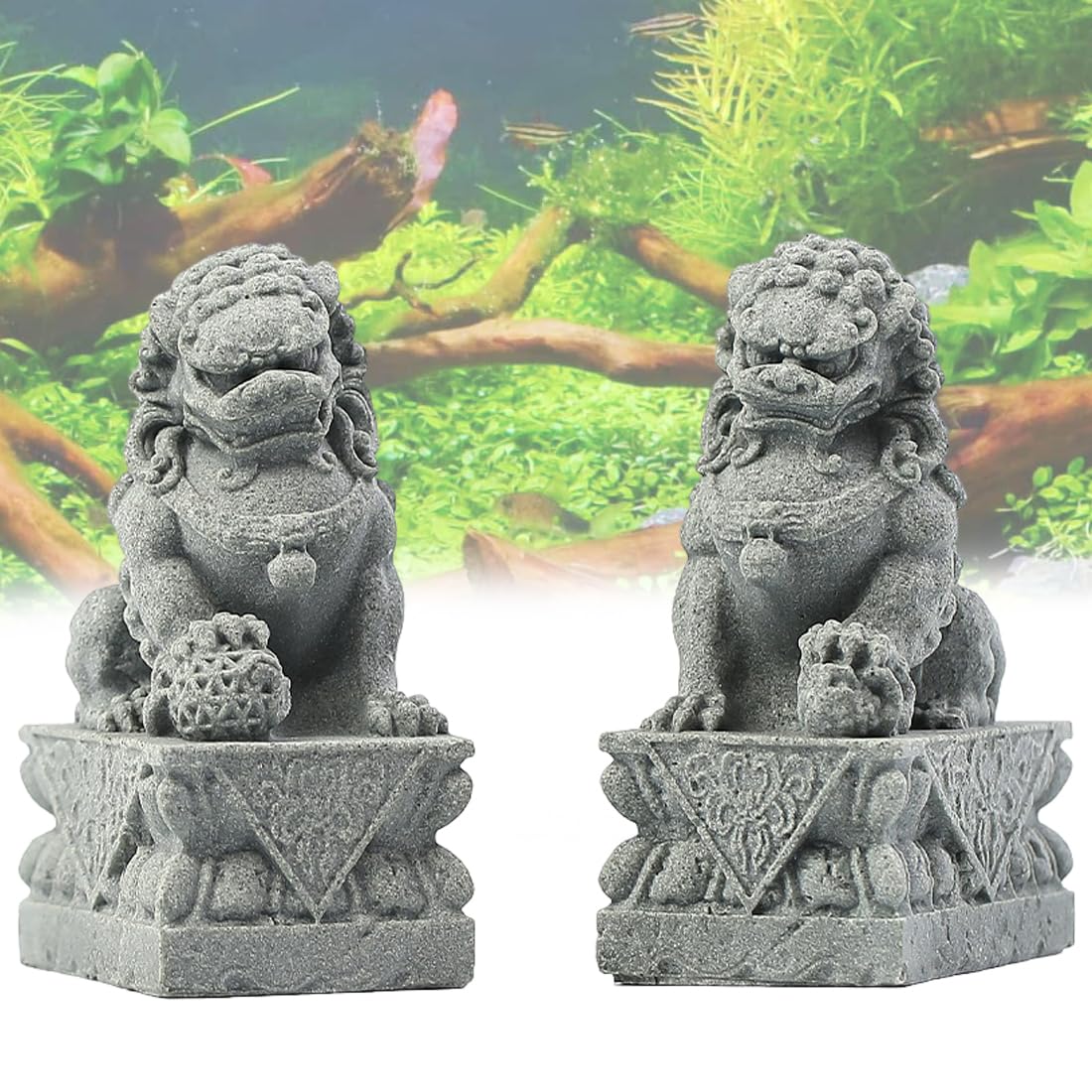 Photo 1 of livelyfish Asian Fu Foo Dogs Pair of Two Guardian Lion Statues, Fish Tank Aquarium Sandstone Figurines Chinese Ornaments Feng Shui Decorations (M)