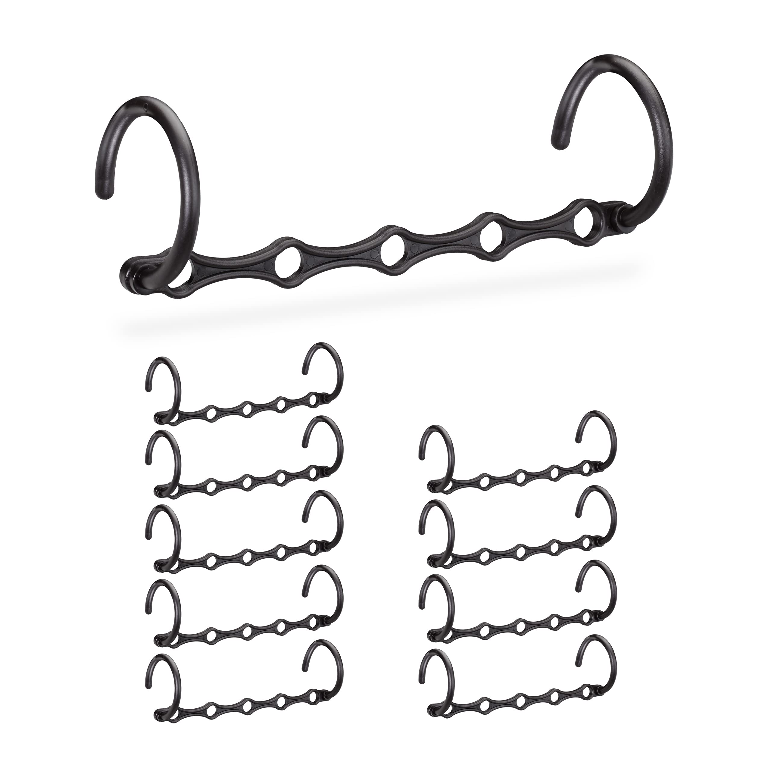 Relaxdays Space Saver Clothes Hanger Set of 10, Hook Organiser for 5 Pieces, Horizontal or Vertical Use, 37 cm, Black