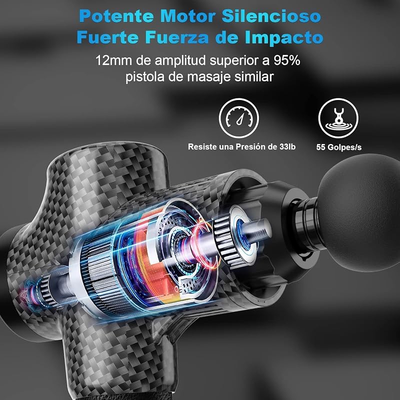 Pistola de Masaje Muscular, Eléctrica Masajeador de Músculos de Tejido Profundo Hasta 4800 RPM, 30 Velocidades, 8 Cabezales, Pantalla LCD Táctil, Carga Tipo C(Negro Carbón)