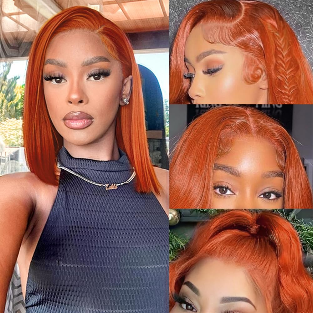 Brazilian Virgin Ginger Straight Bob Wig Straight Human Hair 13X4 Lace Front Wigs Pre Plucked Bleached Knots Straight HD Lace Front Wig 350# Color (350 bob wig, 12Inch/NEW)