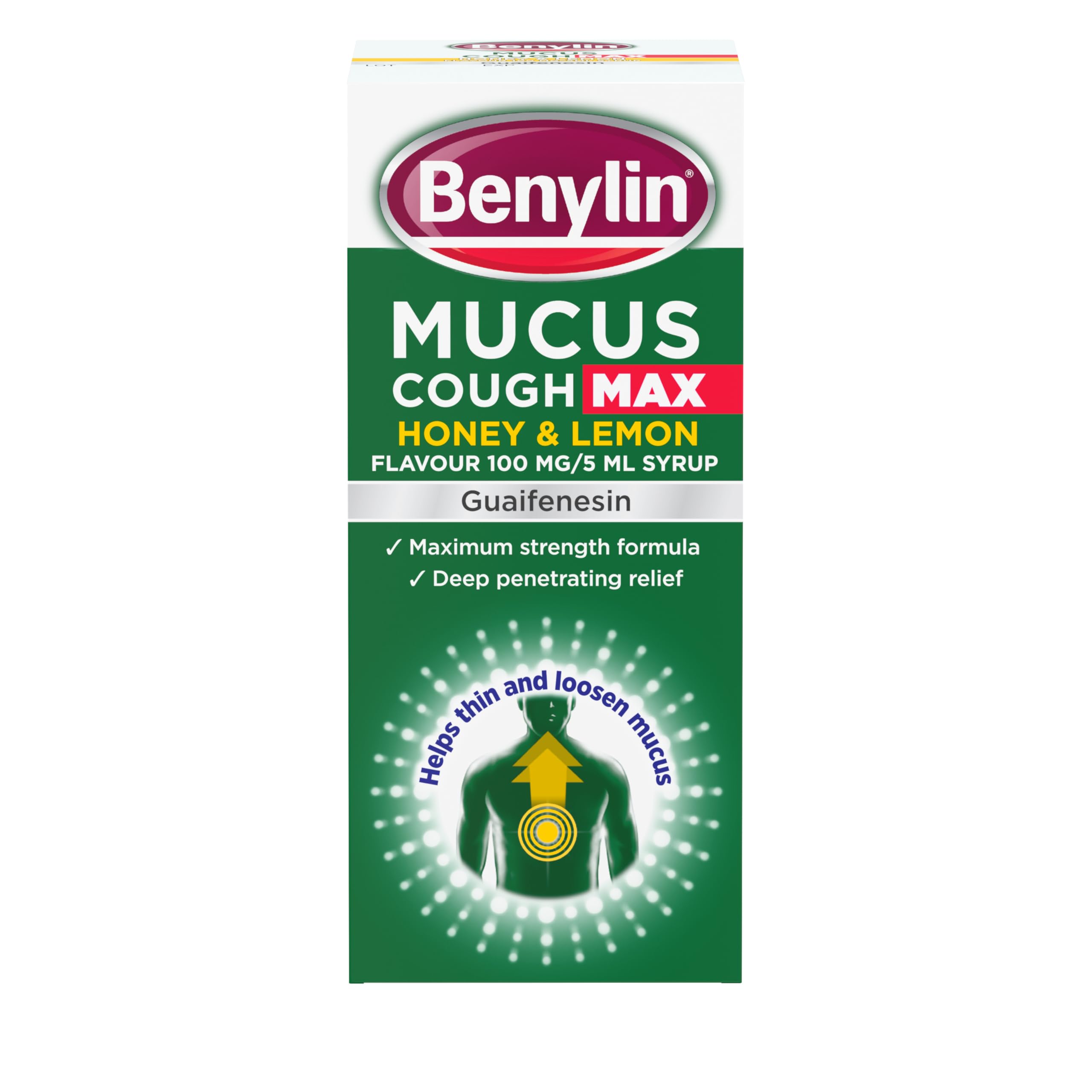 Benylin Mucus Cough Max (Pack of 1), Honey and Lemon Flavour, Helps Reduce Cough Intensity from Day 1, Medicine Suitable for Adults