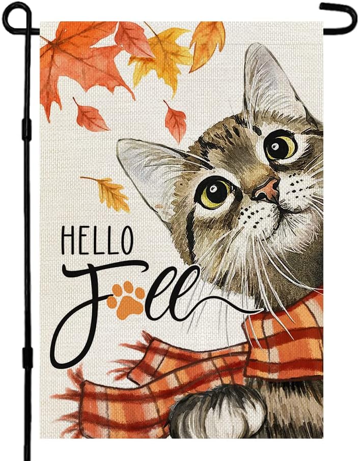 Flags - CROWNED BEAUTY Fall Thanksgiving Cat Garden Flag 12x18 Inch Orange Leaves Small Double Sided Burlap Welcome Yard Autumn Outside Farmhouse Decoration