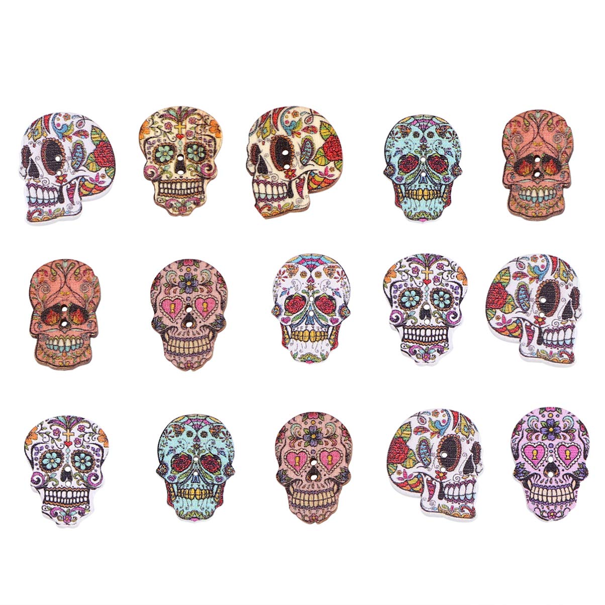 Healifty Natural Wooden Skull Buttons 48Pcs Handmade Painted DIY Craft Accessories with Two Holes for Sewing and Halloween Decoration
