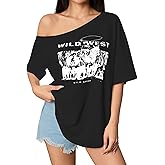 SOFIA'S CHOICE Women Off The Shoulder Top Graphic Tee Casual Loose Fit Short Sleeve T Shirts