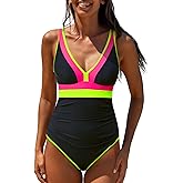 popvil One Piece Swimsuit Women 2025 Tummy Control Neon Color Block Bathing Suit Deep Vneck Tie Back Swim Suits Beach