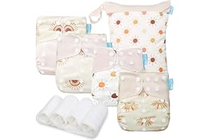 Smarbore Baby Cloth Diapers Set - 4 Pack Nappies with 4 Inserts & 1 Wet/Dry Separation Bag, Adjustable Pocket Diapers for Baby Boys and Girls (6-33 pounds, 0-3 Years)