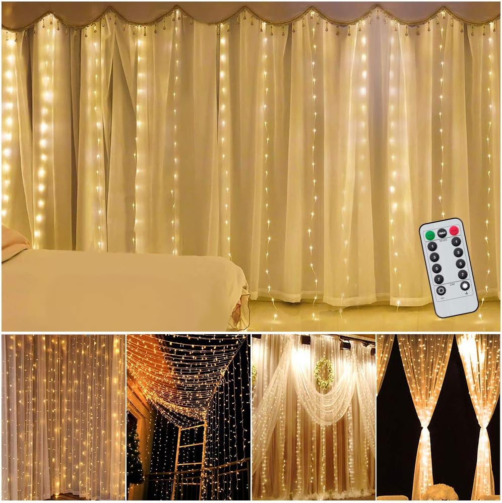 Curtain Lights 9.8ft×9.8Ft/3M×3M USB Powered 300 LEDs 8 Modes Fairy Lights Warm White Waterproof String Lights for Christmas, Wedding, Party, Bedroom
