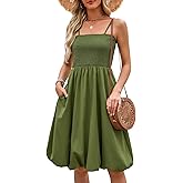 Berydress Womens Summer Smocked Sun Dress with Pockets 2025 Trendy Spaghetti Strap Boho Beach Casual Midi Bubble Dresses