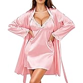 RSLOVE Women’s Satin Sleepwear Set – 2 Piece Lace Cami Nightgown and Long Sleeve Robe Sexy Silk Pajamas Lingerie for Women