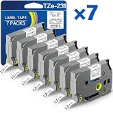 TZE-231 Compatible for Brother Label Maker Tape 12mm 0.47 Laminated White | TZ TZE TZE231 Tape Black on White 1/2" x 8m Replacement for P Touch PT-D220 D220 PT-D210 PT-H110 PT-D200 PT-D400 (7 Packs)