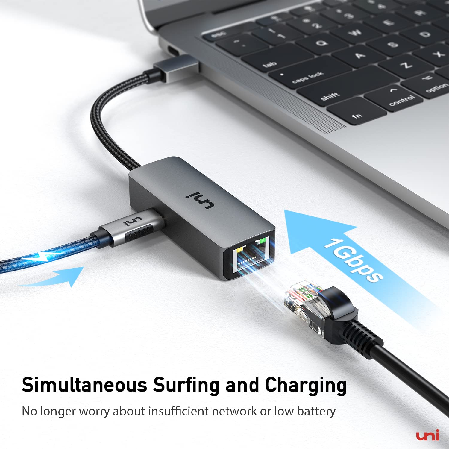 Uni Usb C Ethernet Adapter Connected To Macbook Pro Showing Compact Design And Braided Cable