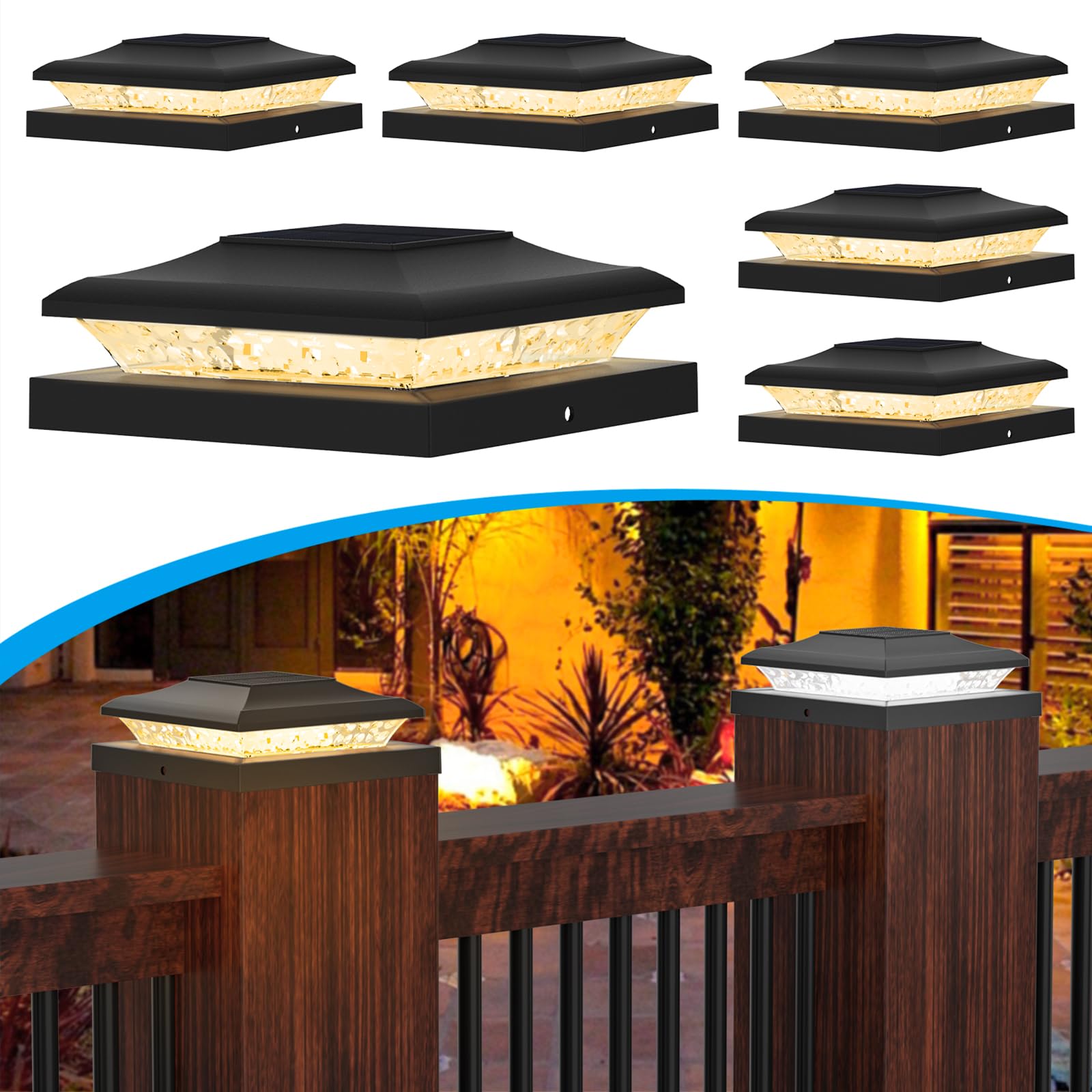 Photo 1 of TSUNESLUX 6x6 Solar Post Cap Lights 6 Pack for Wooden Post - Fits 5.5x5.5 Wood & 5x5 Vinyl Posts, Outdoor Waterproof Fence Lights with 24 LEDs, Deck/Patio/Yard Decorations, 2 Color Modes (3000K/6000K)