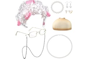 Sanfenly Old Lady Wig Granny Costume for Women Grandma Wig Granny Glasses Chain Pearl Necklace Earrings Bracelet Hair Rollers