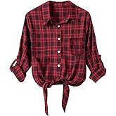 RUSASKO Womens Front Tie Tops Long Sleeve Buffalo Plaid Button Down Shirts with Pocket