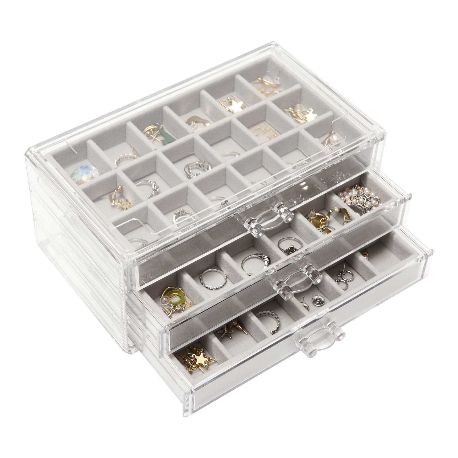 Nwvuop Acrylic Jewelry Box for Women with 3 Drawers Adjustable Organiser Box for Rings, Earrings, Necklace, Stackable Tray, Storage Case - Grey