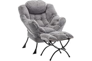 SESHINELL Lazy Chair with Ottoman, Modern Accent Chair Lounge Leisure Sofa Chair with Armrests, Reading Chair and Folding Footstool for Living Room, Bedroom, Office, Plush Grey
