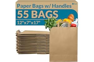 Reli. Paper Grocery Bags with Handles | 55 Pcs Bulk | 12"x7"x17" | Kraft Brown Paper Bags, Large | Use for Grocery, Take-Out, Restaurant, Retail, Shopping