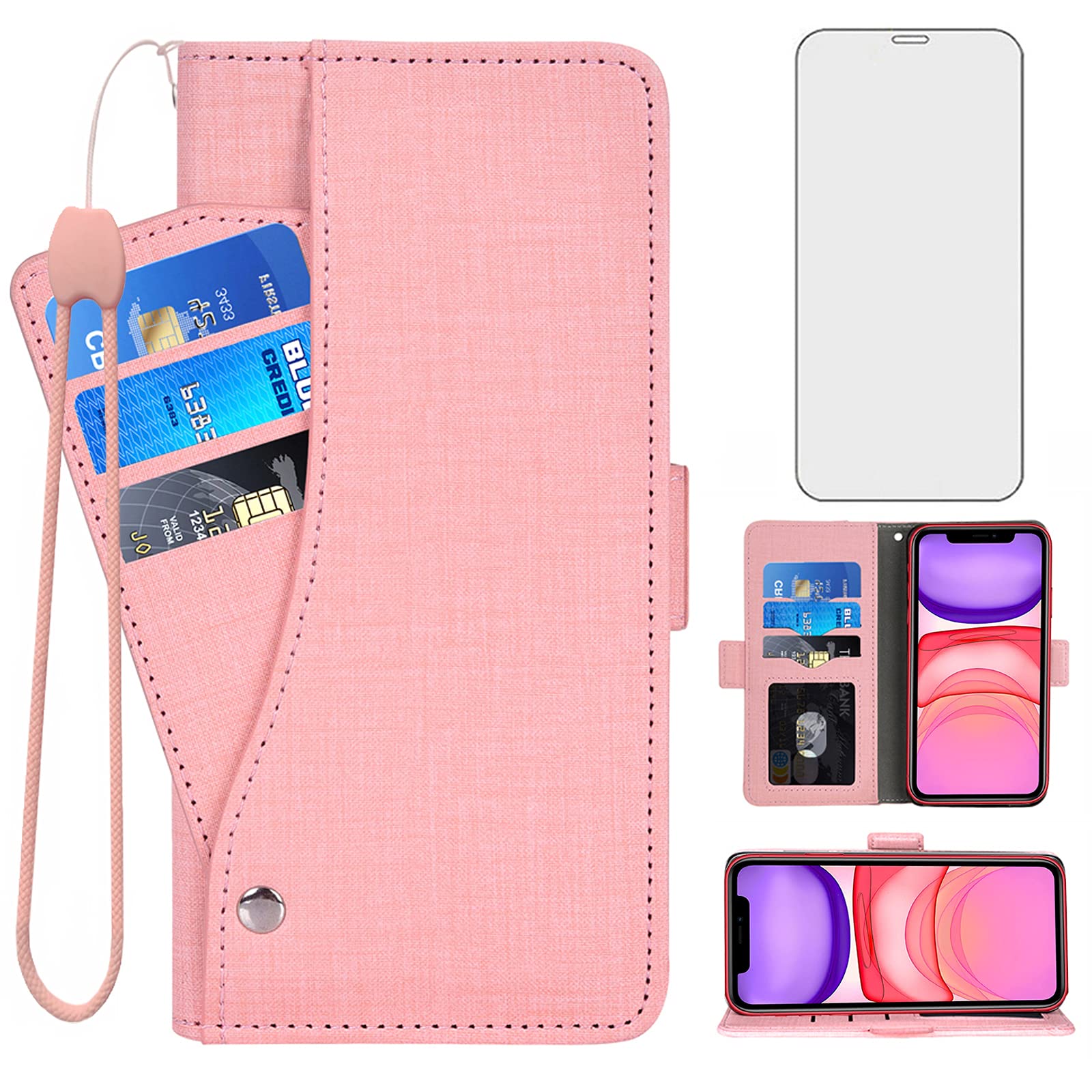 Asuwish Compatible with iPhone 11 6.1 Wallet Case Tempered Glass Screen Protector and Leather Flip Cover Card Holder Stand Cell Phone Cases for iphone11case iPhone11 i Phone11 XI 11R Women Men Pink