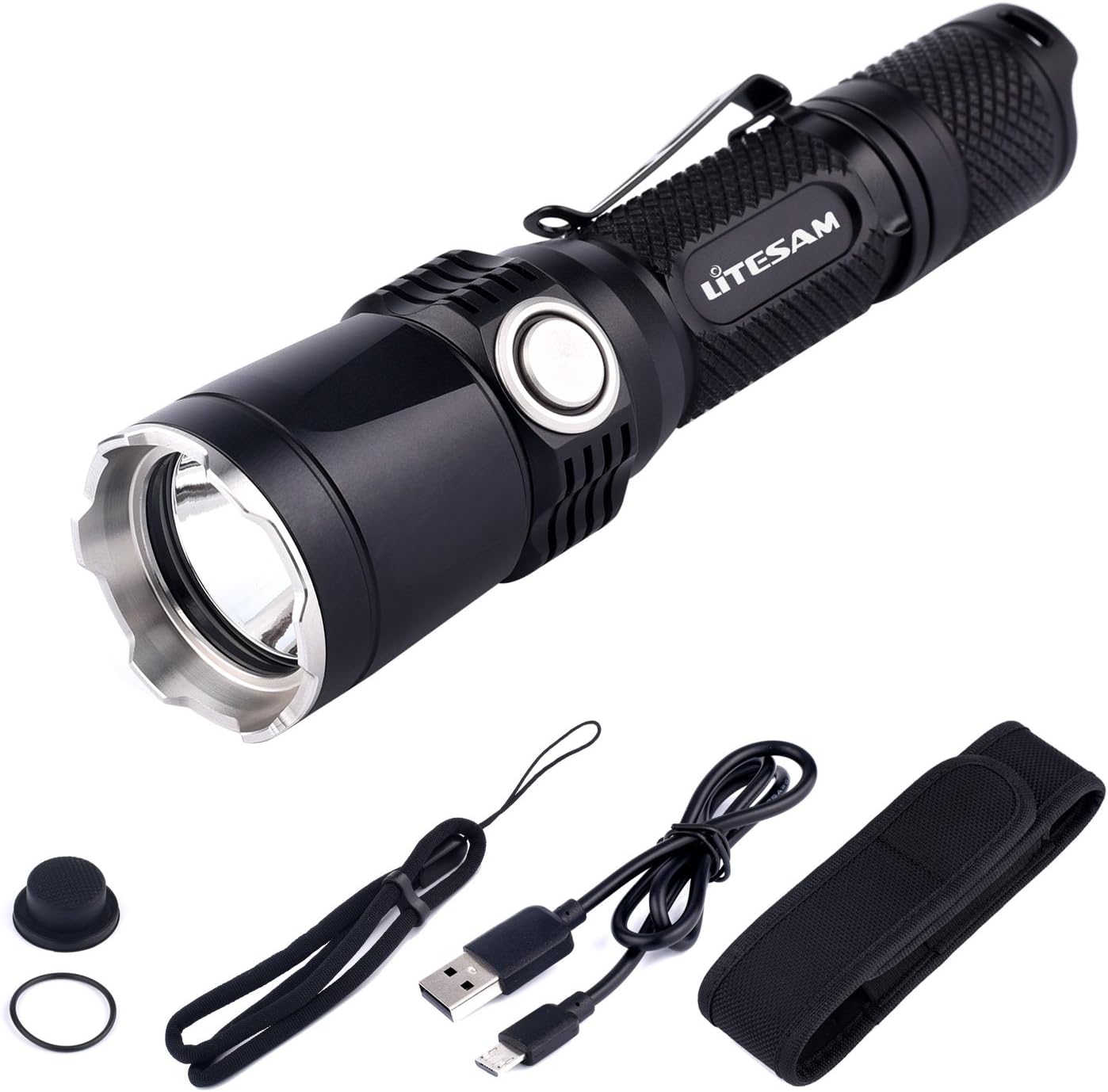 Tactical Flashlight Rechargeable with Power Indicator, 1380 Lumen, CREE XP-L, 5 Light Mode, IPX-8 Water-Resistant, 18650 Battery Included, for Camping, Hiking and Emergency