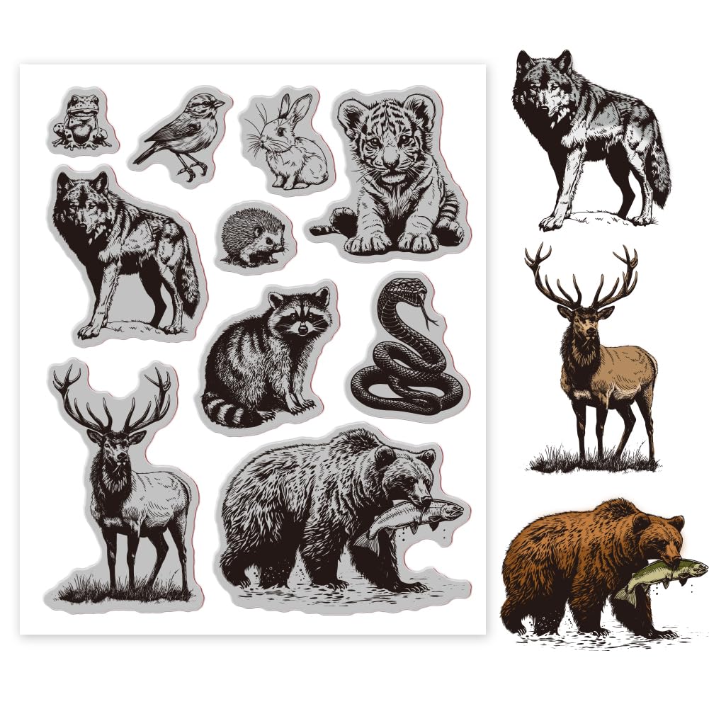 GLOBLELAND Forest Animals Cling Rubber Stamp 7.09x8.66inch Wolf Tiger Bear Deer EVA Stamps Embossing Stamp Seal Rubber Stamps for DIY Scrapbooking and Card Making Paper Craft Decor