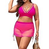 Eagerbuy Women's Plus Size High Waisted Bikini Sets Two Piece Mesh Sarong Wraps Swimsuits