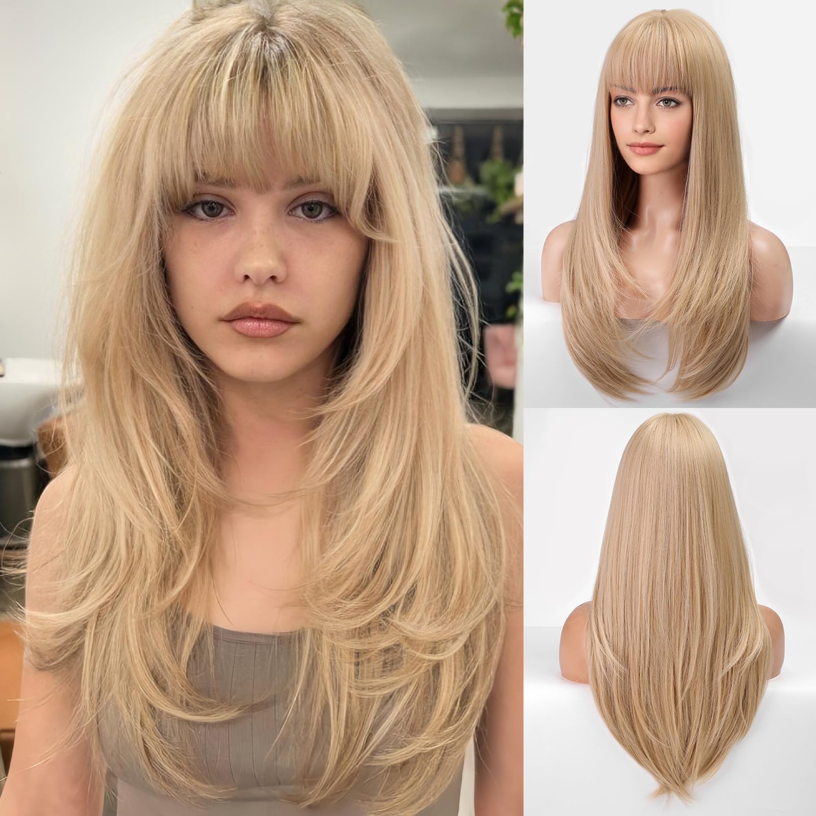 EMMOR Long Platinum Blonde Wigs for Women Straight Synthetic Layered Wig with Fringe (26" Platinum Blonde)