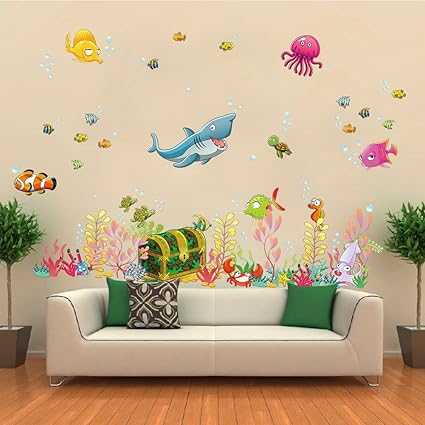 Wallpark Sous Leau Monde Coffre Au Trésor Dessin Animé Requin Méduses Poisson Amovible Stickers Muraux Autocollants Enfants Bébé Chambre Pépinière