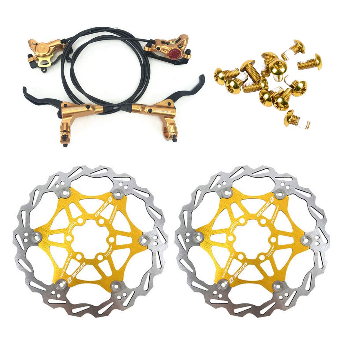 Photo 1 of Zoom Hydraulic Disc Brakes Mountain Bike Sets MTB Front & Rear Set with Floating Disc Rotor 160mm & Color Bolts (Gold)