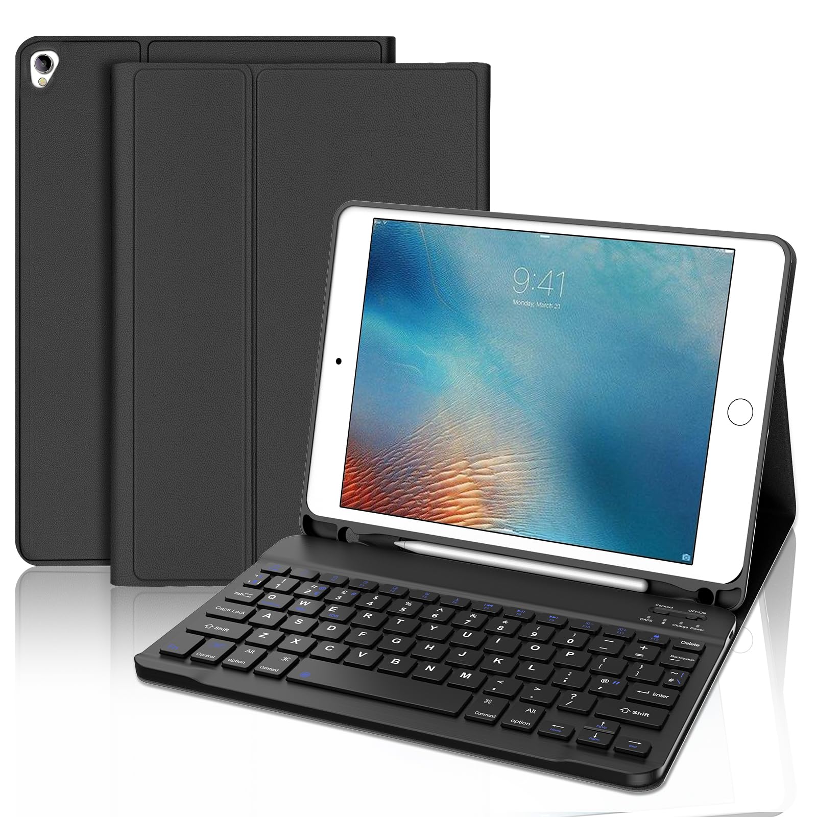 JADEMALL Keyboard Case for iPad 9.7 Inch 6th/5th Generation 2018/2017, Wireless Bluetooth Detachable Keyboard, Slim Protective Cover with Pencil holder for iPad Air 2/Air 1/Pro 9.7 inch, Black