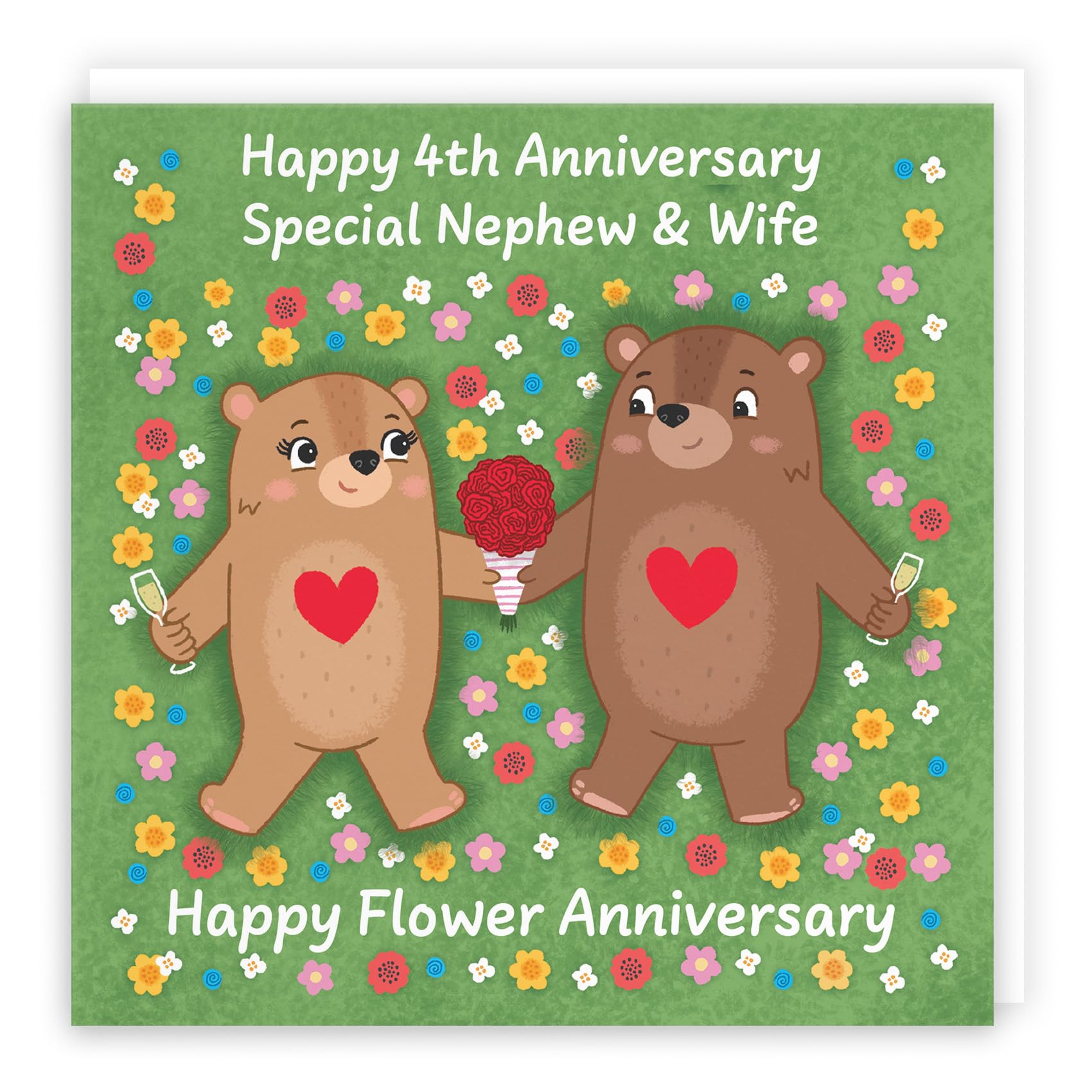 Hunts England - Nephew And Wife 4th Anniversary Card - Flower Anniversary - Fourth Anniversary - 4 Years - Cute Fun Bears Card - Love Story Collection