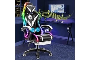 HOFFREE Gaming Chair Massage with Bluetooth Speakers and Led Lights Ergonomic Computer Gaming Chair with Footrest RGB Video Game Chair with High Back Lumbar Support White and Black