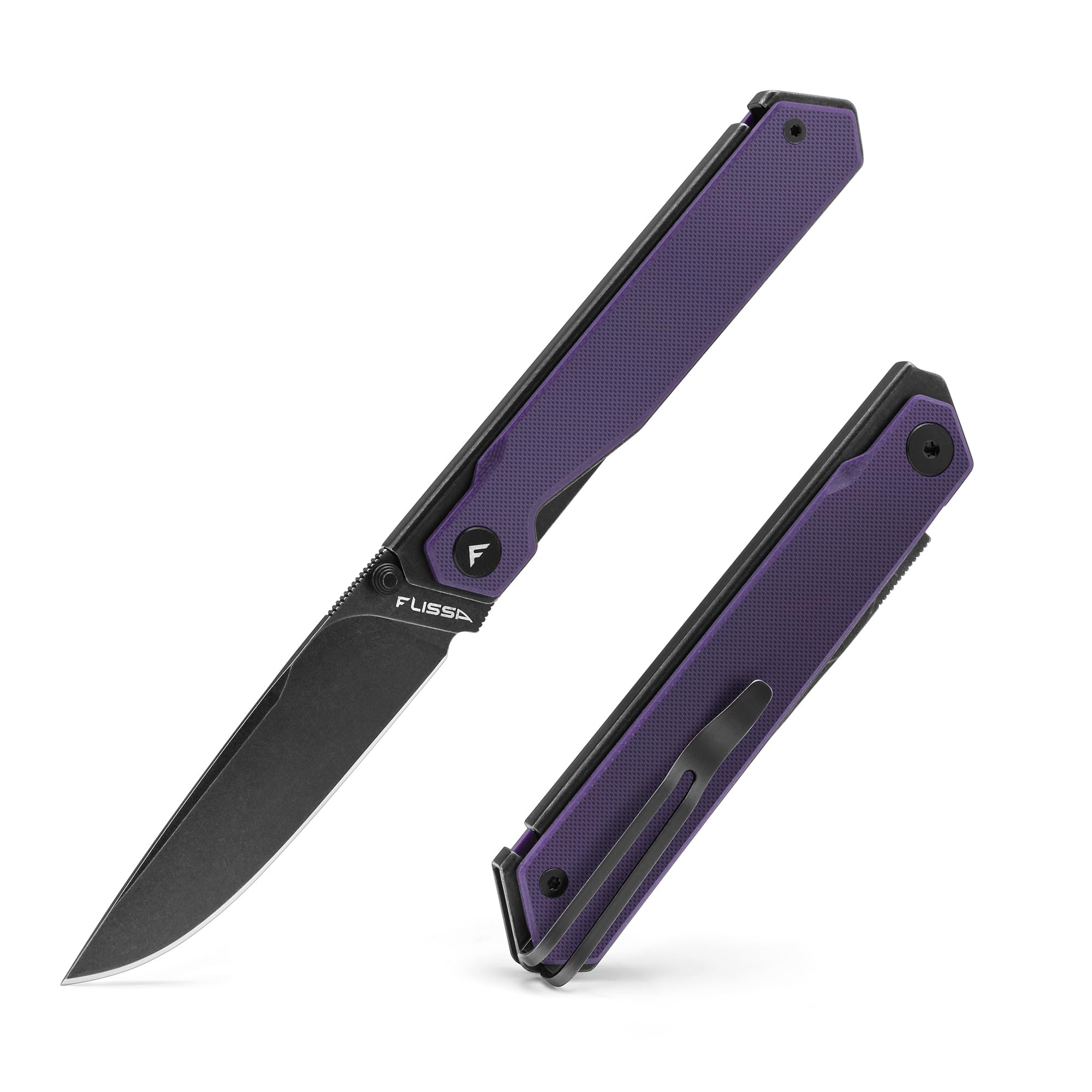 FLISSA Pocket Knife, Folding Knife with 3.2" 8Cr13MoV Blade, G10 Handle, Removable Pocket Clip, Lightweight for Camping, EDC, Hiking, Daily Use(Purple)