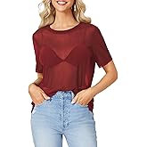 Rooscier Women's Sheer Mesh Short Sleeve Round Neck See Through Sexy Blouse Shirt Top