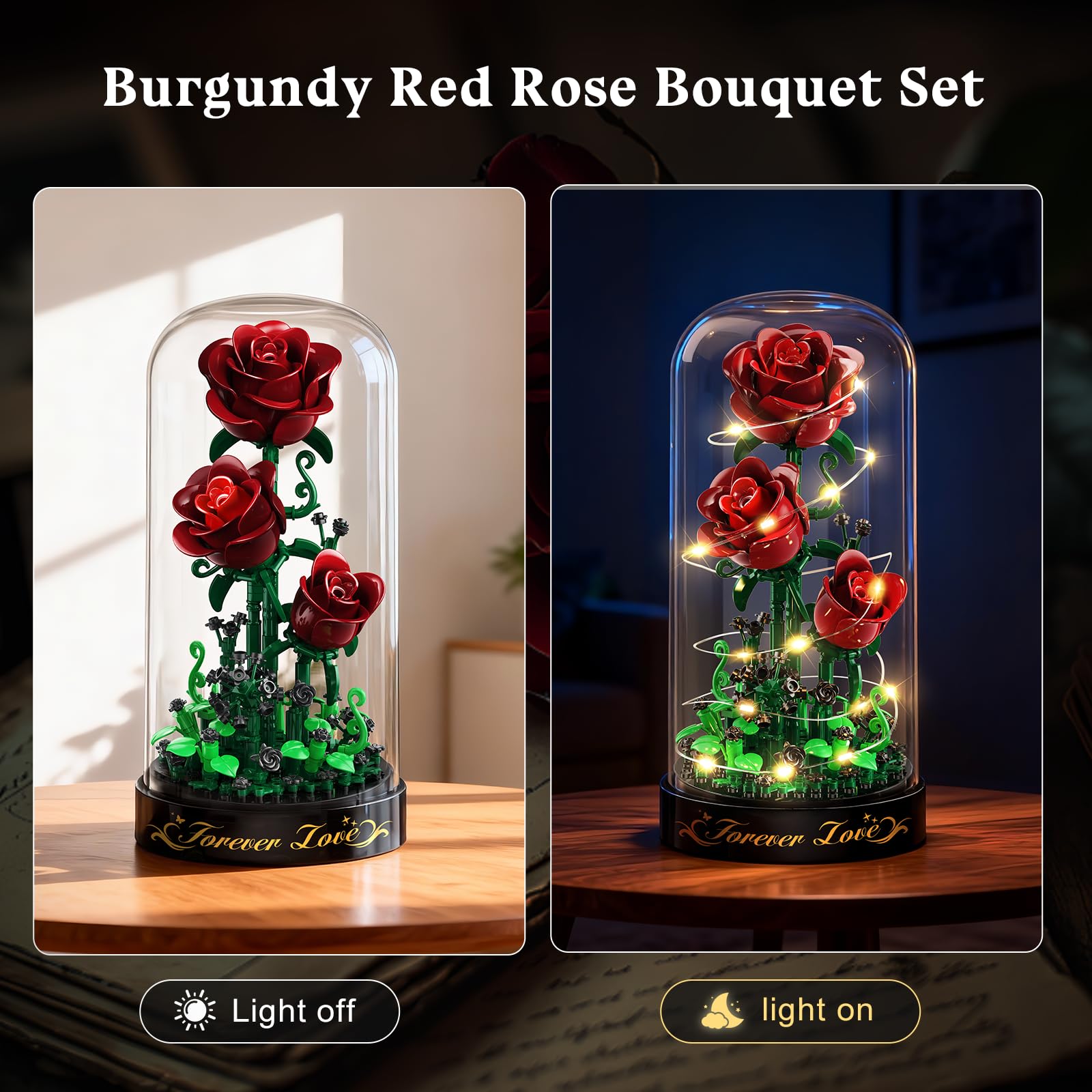 HiWEEGO Blumen Rosen Bausatz mit LED Licht, 241 Teile Burgunderrot Rosenstrauß, 3.6MM Blumenstrauß Baustein Spielzeug, Botanische Kollektion Valentinstagsgeschenk für Mädchen Erwachsene und Frauen 6