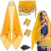 GZJINYUAN 4Pcs Belly Dancer Outfit Sets, Chiffon Head Scarf,Belly Dance Hip Scarf, 2 Coin Wrist Bracelets, 50 Bobby Pins