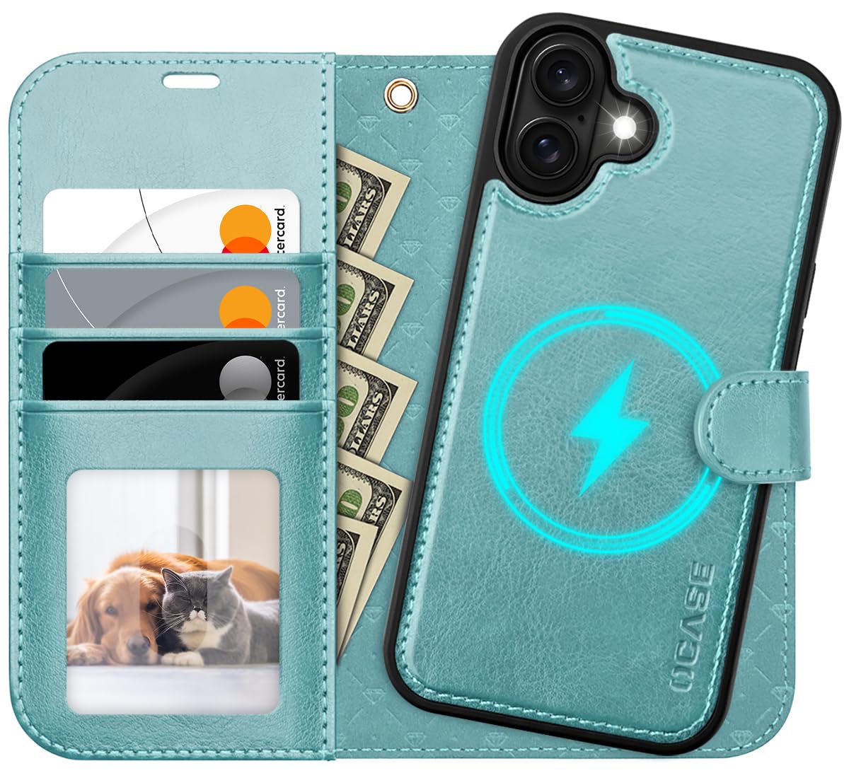 OCASE for iPhone 16 Case, Detachable 2 in 1 PU Leather Wallet Case with RFID Blocking, Wireless Charging, Card Holders, Kickstand, Shockproof Removable Phone Cover, Ice Blue