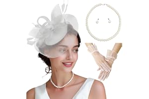 MS.ING Fascinator Hats for Women Tea Party Hats and Gloves Pearl Jewelry Set Derby Hat for Cocktail Wedding