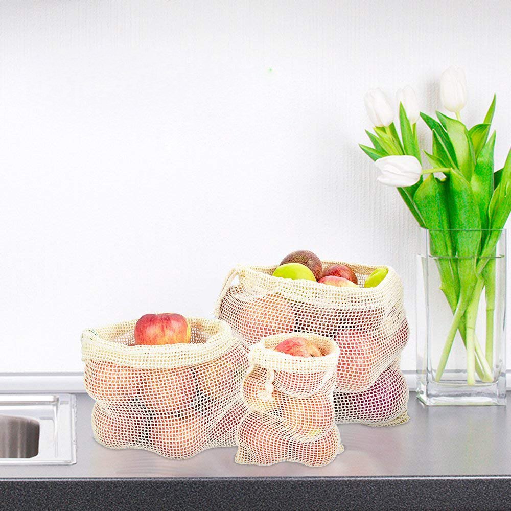 Reusable Produce Bags, DayBuy Organic Cotton Grocery Bag[Natural Cotton Mesh is Biodegradable][Zero-Waste] for Grocery Shopping and Storage, Recyclable, Washable - Set of 9 (3 ea. S, M, L)