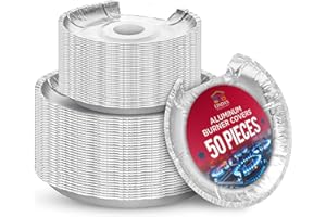 LINDA'S ESSENTIALS Heavy-Duty Aluminum Electric Stove Burner Covers (50 Pack) - Disposable Round Foil Liners (6 & 8 Inch), Non-Stick Drip Pan Protectors, Stove Top Covers, Great Kitchen Accessory for Easy Cleanup
