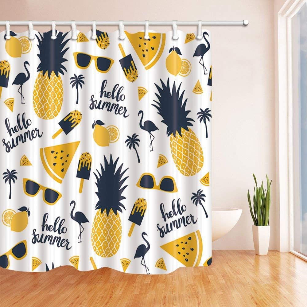 GoEoo Summer Fruit Decor Flamingo in Watermelon and Pineapple Shower Curtain Polyester Fabric Waterproof Bath Curtain 69X70 in Shower Curtains Hooks Included Orange