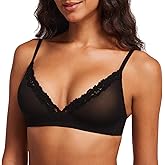 DOBREVA Women's Triangle Mesh Bralette Sexy Sheer Plunge Wireless Bra Lace Trim