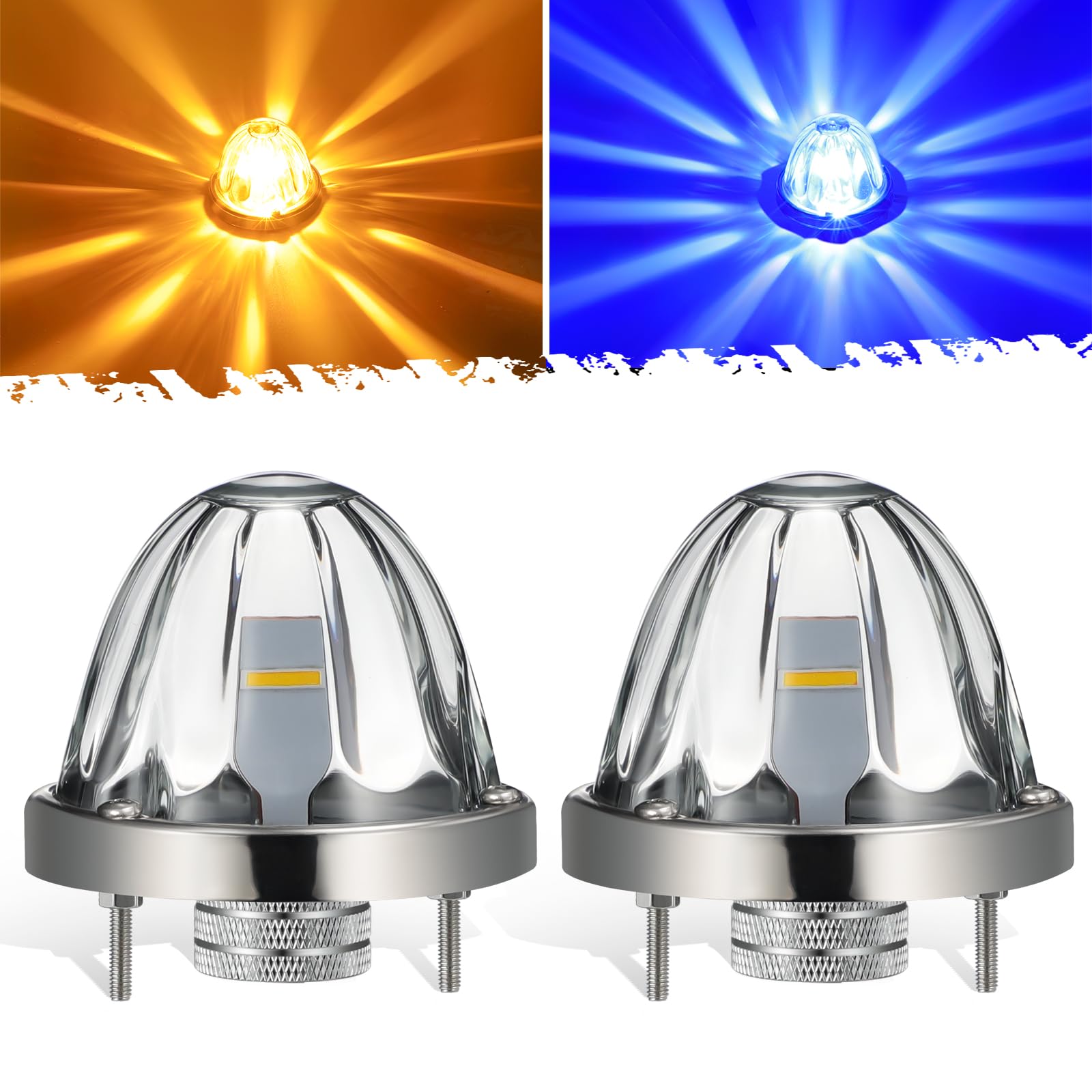 Photo 1 of Partsam 2Pcs Dual Color Amber/Blue LED Glass Lens Watermelon Lights, Turn Signal Marker Lights with Stainless Steel Bezel Compatible with Kenworth Peterbilt Freightliner